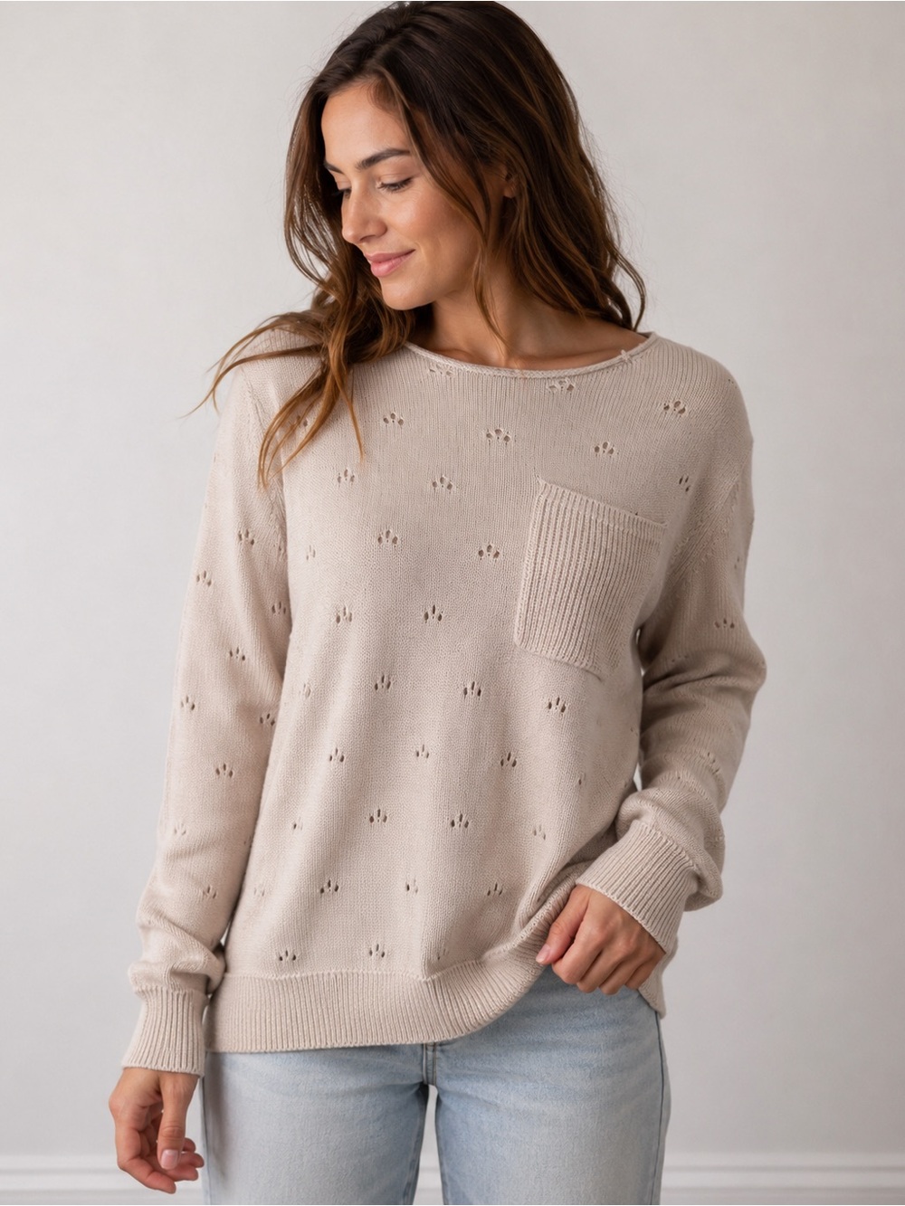 Pepaloves Distressed Open Knit Pocket Sweater Beige (Anthropologie)
